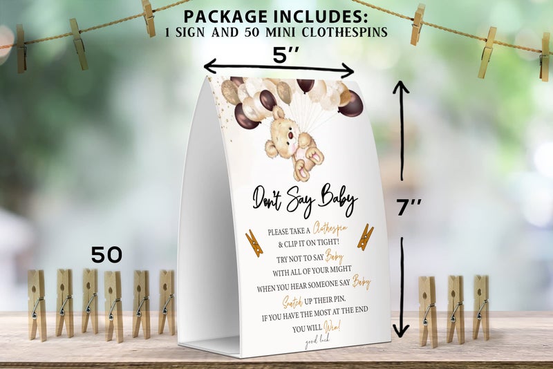 Pazag Don't Say Baby Set - One 5x7 Sign and 50 Mini Clothespins, Baby Shower Games, Baby Shower Decoration, Gender Neutral Baby Shower - MsJb041 - Image 2